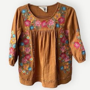 Savanna Jane Shirt Adult Small Orange Tan Pink Blue Floral Embroidery Womens Top